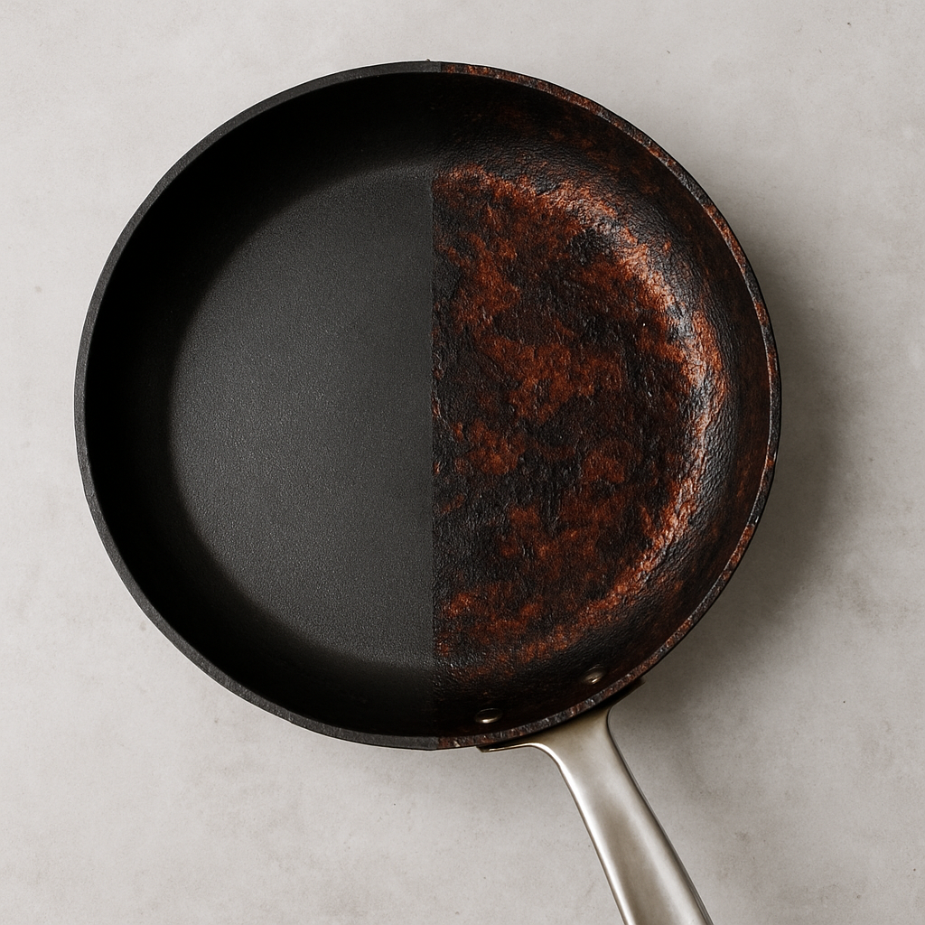 burnt pans with different cleaning methods