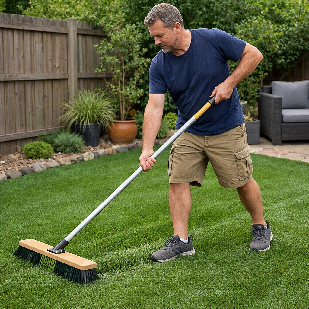 a man brushing artificial grass