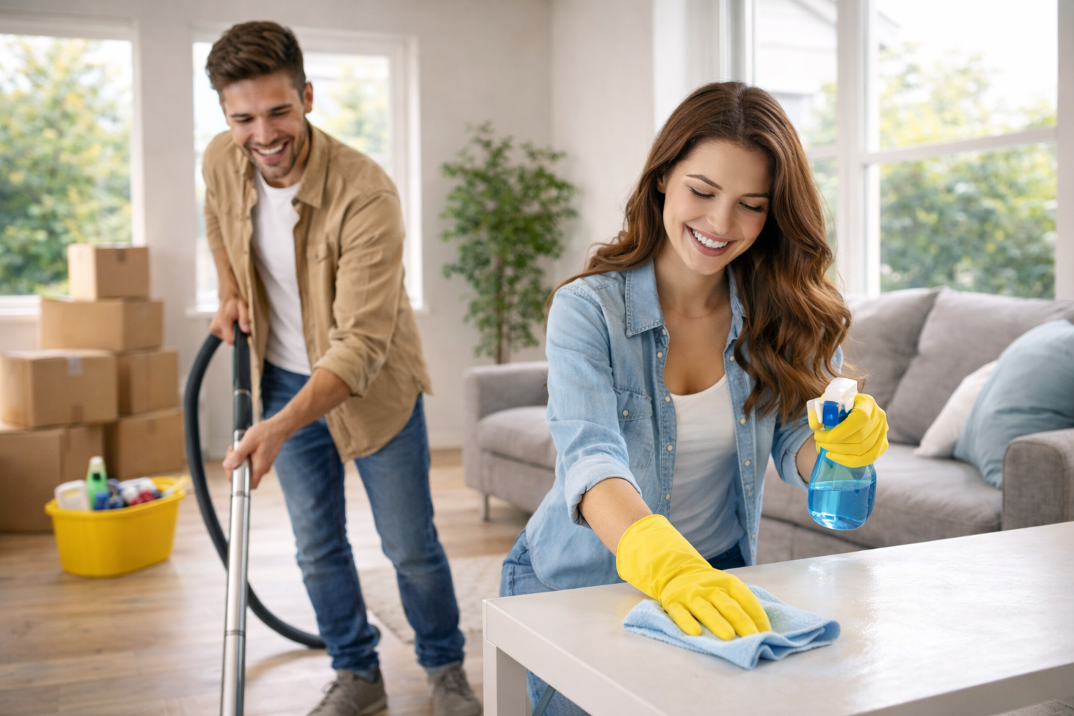new homeowners cleaning the living room