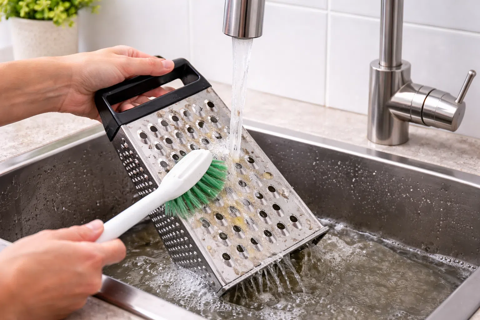 How to clean a cheese grater immediately after use with a brush under running water
