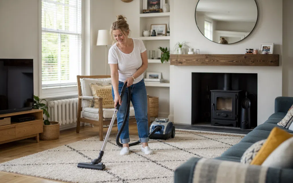 local cleaner in Stockton on Tees hoovering a carpet in a lounge