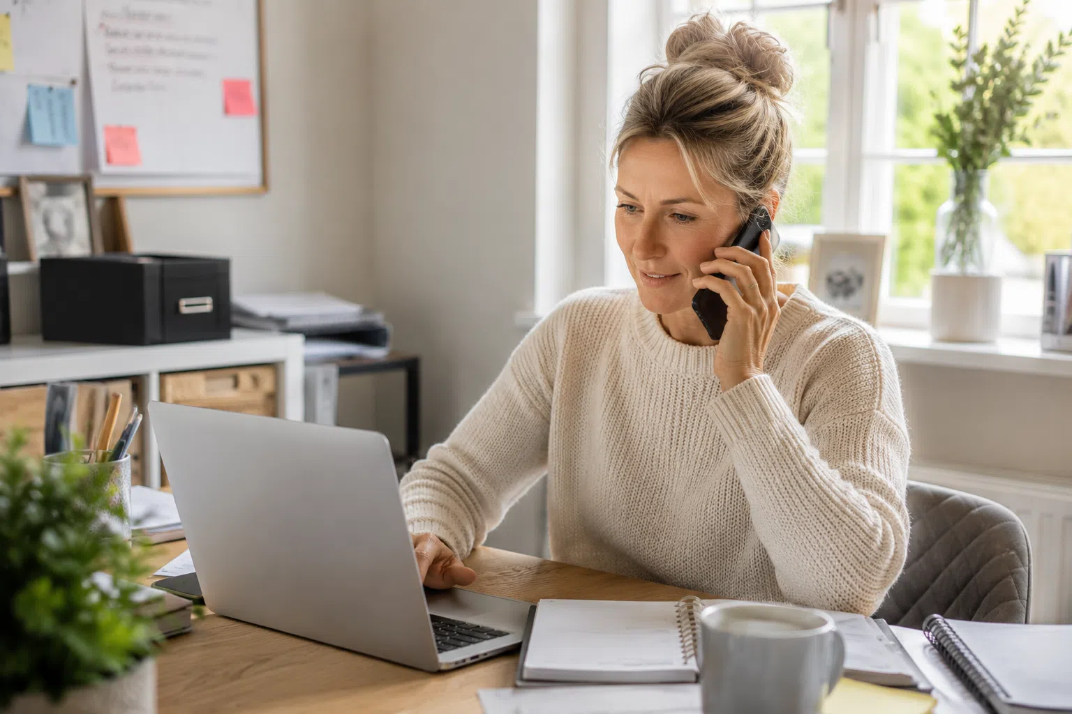 Cleaning franchise owner managing cleaner schedules and client calls from home office