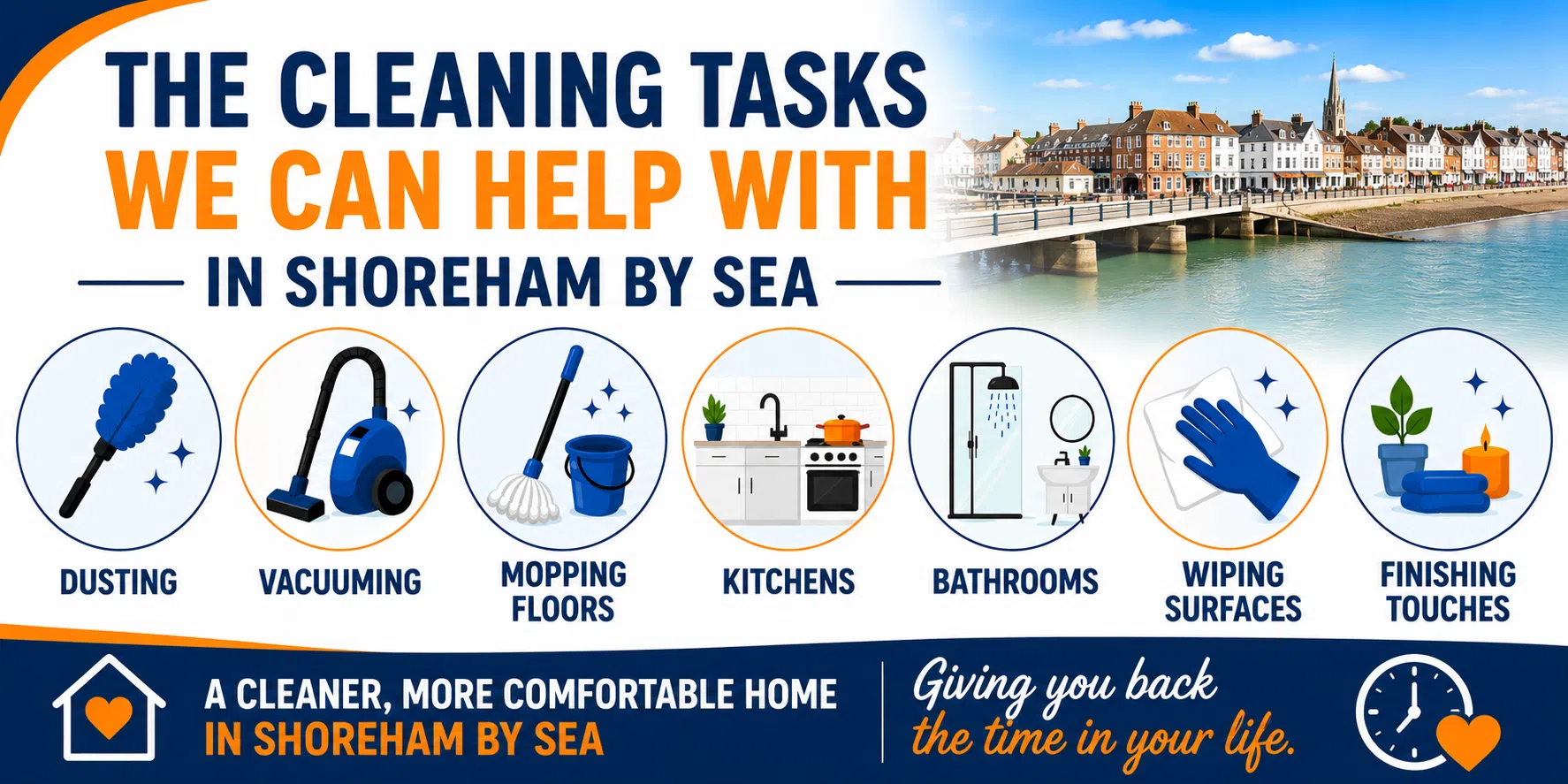 what we can help with in Shoreham by Sea Infographic showing the household cleaning tasks available in Shoreham by Sea, including dusting, vacuuming, mopping floors, kitchen cleaning, bathroom cleaning and wiping surfaces.
